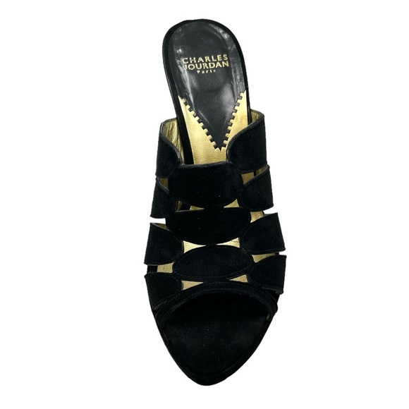 CHARLES JOURDAN PARIS BLACK SUEDE & GOLD METAL WEDGES SIZE 8.5M - Picture 7 of 15